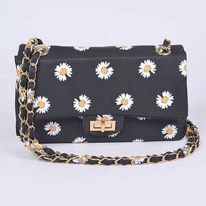 Printed Flower Canvas Shoulder Bag - Black